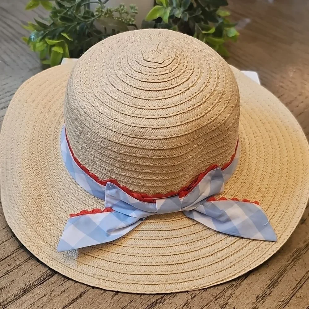 Straw Sun Hat with Blue Gingham Bow Girls OSFA